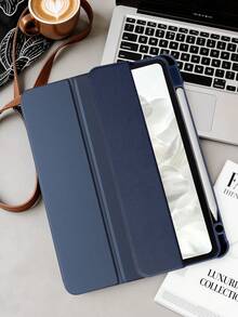 Ốp lưng máy tính bảng gấp ba 360° bằng acrylic màu xanh đậm, tương thích với iPad Mini6/Mini7/Air/Air2/9.7/10.2/10.5/Air4/Air5/10.9/Pro 11"/Air11(M2) 2024/Thế hệ thứ 10/12.9/ Air 13(M3 2025)/ Air 11-Inch (M3) 2025/ (A16) 11 Inch Thế hệ thứ 11 2025, mặt lưng acrylic chống trầy xước, chống cong vênh, khe cắm bút cảm ứng tích hợp, chân đế xoay 360°, tự động ngủ/thức, kiểu dáng tối giản/cổ điển/doanh nhân. - Xanh đậm - Xem 4