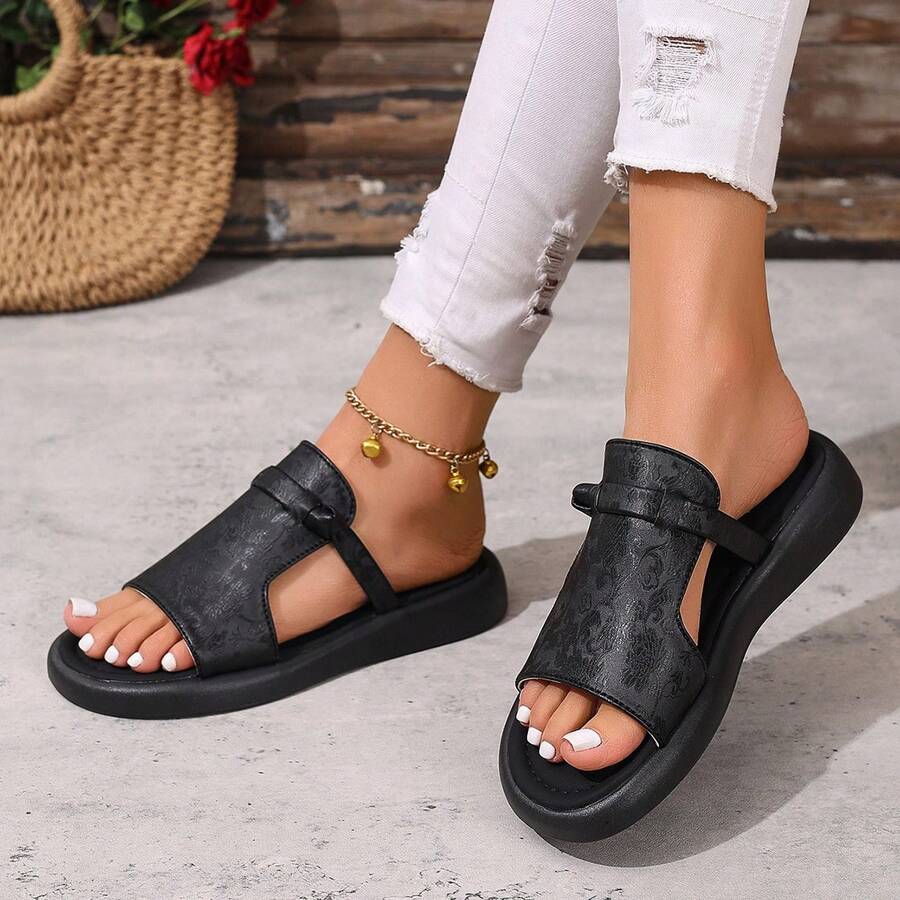 2026 Summer New Embossed Thick-Sole Slippers For Women, Platform Slide Sandals, Wide Fit Plus Size Comfortable Non-Slip Soft Bottom, High-End Summer Outdoor Wear - Black - View 1