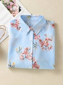 Áo sơ mi nữ tay ngắn cài cúc, họa tiết lá cây khắp thân áo, kiểu dáng thường ngày có cổ, thích hợp cho hẹn hò, du lịch, tiệc sinh nhật, mùa xuân, hè, thu, các buổi tối nghỉ lễ, kỳ nghỉ. - Màu xanh lam - Xem 3