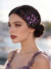 2件套手工珍珠、玛瑙和玻璃水钻发夹，优雅闪亮的波西米亚风新娘婚礼发饰，四季皆宜的多功能铜合金新娘发夹 - 紫色 - 查看 1