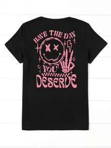 1pcsWomen's 'Have A Day You Deserve' Graphic T-Shirt - Black, Breathable Short Sleeve Crew Neck Top With Happy Face And Letter Design, Casual Summer Wear180gsummer Tops,Graphic Tees Women,100 Percent Cotton Clothing Women,Blusas De Verano Para Mujer - 黑色 - 查看 2