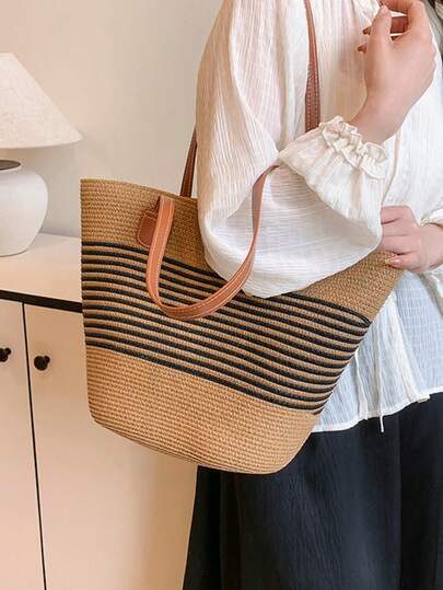 1个时尚草编拼接条纹拉链休闲手提包，女士单肩手提包，适合旅行、海滩、度假、夏季休闲背包