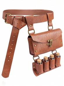 Bộ 2 thắt lưng giả da kiểu giả kim thuật thời Trung cổ kèm 4 lọ thuốc bằng gỗ, túi đeo hông/túi phụ kiện hóa trang phù thủy cổ điển cho Halloween. - A - Xem 1
