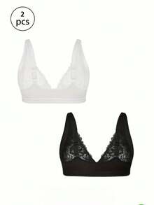 2pcs Ladies Plus Size Lace Front-Clasp Bra | Elegant Luxury Contrast Lace, No Underwire, No Padding, Adjustable Straps, Breathable, Ideal For Daily Wear, Lingerie For Women, Bra Plus Size Women - 彩色 - 查看 2