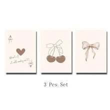 Set di 3 opere d'arte da parete senza cornice, fiocchi beige neutri e alla moda, set di cartellone minimalisti in stile Y2K con carte da gioco unisex, ideale come regalo per soggiorno, camera da letto, camera delle ragazze, camera universitaria, appartamento, decorazione per la casa - A - Visualizzare 11