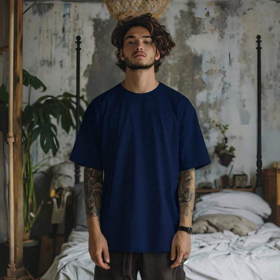 Men's Basic Oversized T-Shirt, Sizes S To Plus Size 6XL, 100% Cotton, 18 Colors - 藏蓝色 - 查看 1