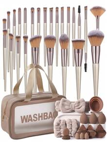 42件套化妆工具套装，包含：25支化妆刷套装+1个多功能防水拉链化妆包+1个发带+1套化妆刷清洁工具+2个手碗挂绳+3个化妆海绵+3个三角粉扑+3个迷你气垫粉扑+3个迷你化妆海绵，一应俱全，新手友好 | 方便旅行携带，送礼佳品 | 新手/女性的完美之选 - 彩色 - 查看 11