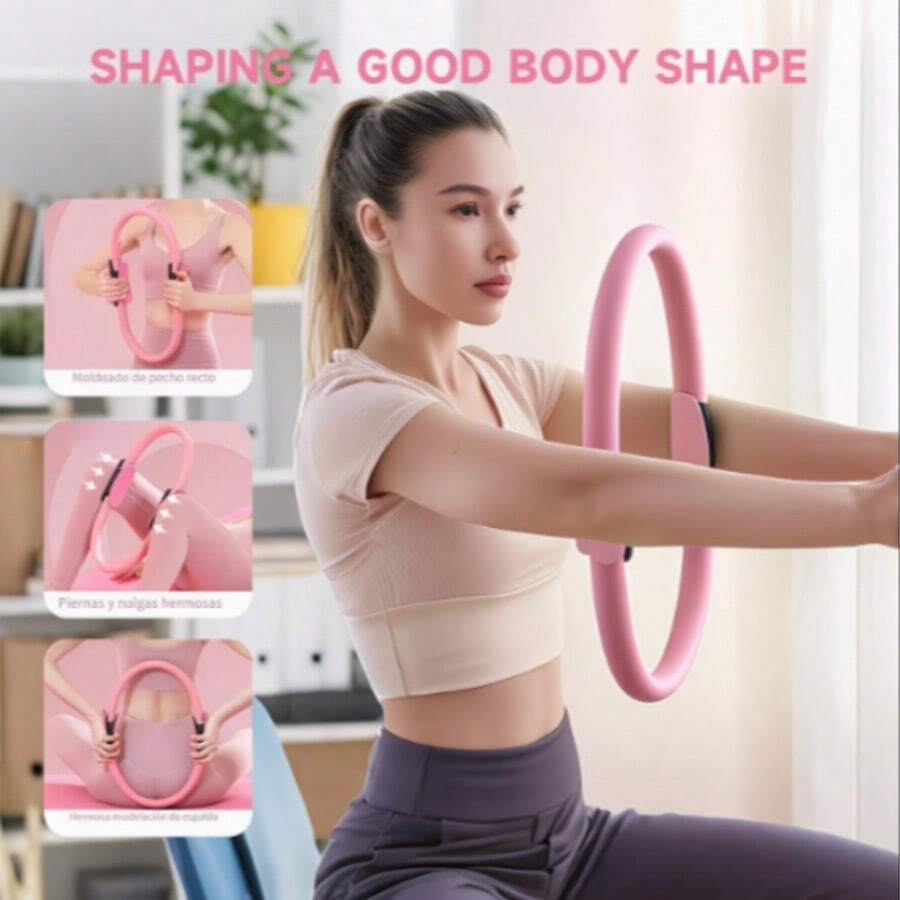 Aro de pilates y yoga multifuncional, resistente a la presión sin deformarse, impermeable y anti-transpiración, con asas de espuma cómodas, ideal para muslos, yoga, espalda y cintura - Rosa - Ver 1