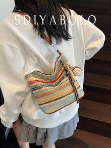 Vintage Fashionable Large Capacity Woven Tote Bag, Beach Holiday Straw Crossbody Bag Vacation Essentials - Multicolor - View 2
