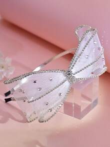 1pc Shiny Silver Rhinestone Headband With Elegant Multi-Layer Tulle Big Bow, Princess Style, Suitable For Bride, Bridesmaid, Wedding, Celebration, Party, Daily Casual Wear - Silver - View 2
