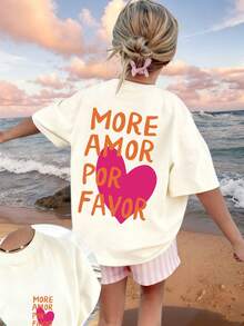 Tween Girl "MORE AMOR POR FAVOR" Print Soft & Comfortable T-Shirt, Suitable For Girls Traveling, Vacation, Outdoor Sports, Daily Wear, Casual Travel, Best Choice For Fashionable Girls In Spring And Summer - Apricot - View 1