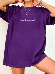 Oversized Women's Casual Overstimulated Graphic Short Sleeve T-ShirtNew Stylish T-Shirt-Summer Apparel, Unisex, Vintage Heavyweight Loose Washed T-Shirt, Suitable For Outings, Casual Street-Style Top - Màu tím - Xem 2