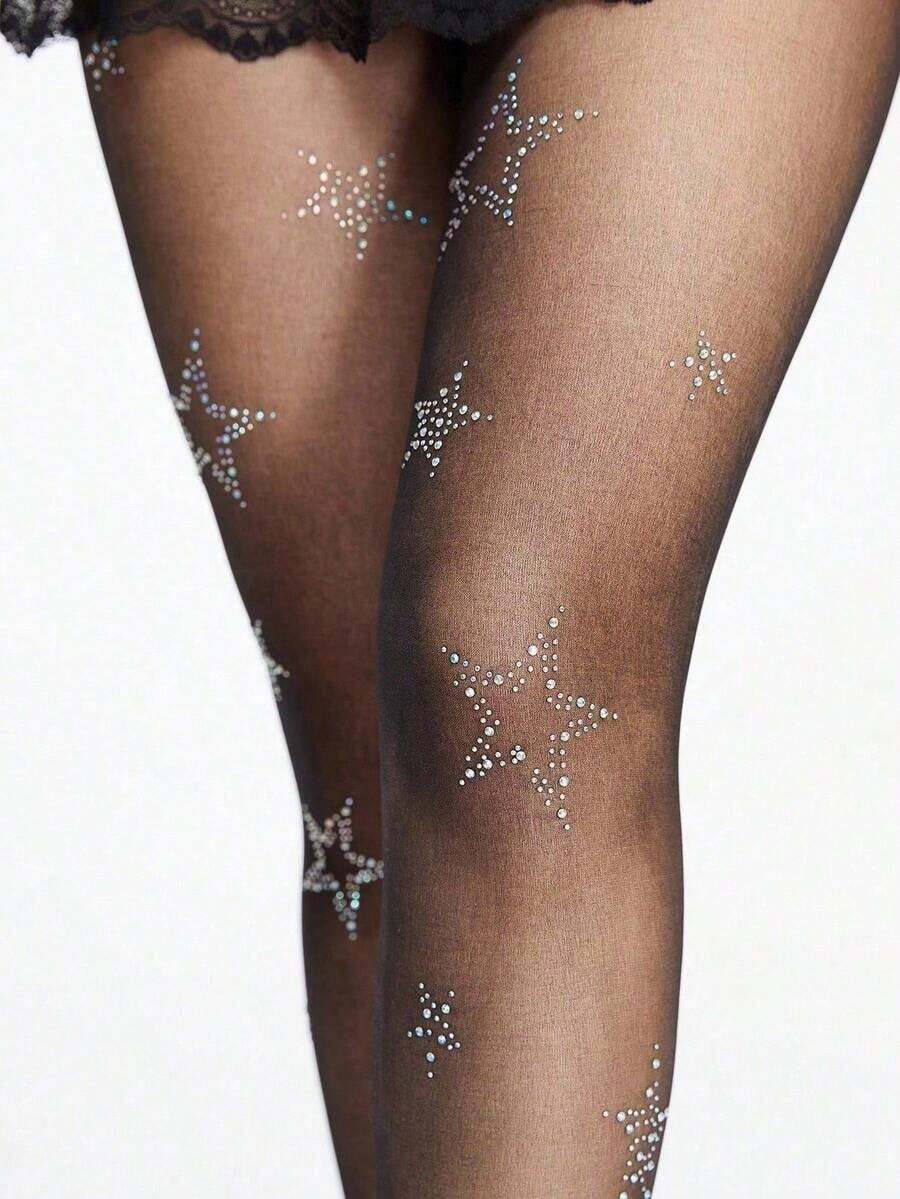 ROMWE Kawaii Women's Rhinestone Star Patterned Tights/Pantyhose/Leggings - 黑色 - 查看 1