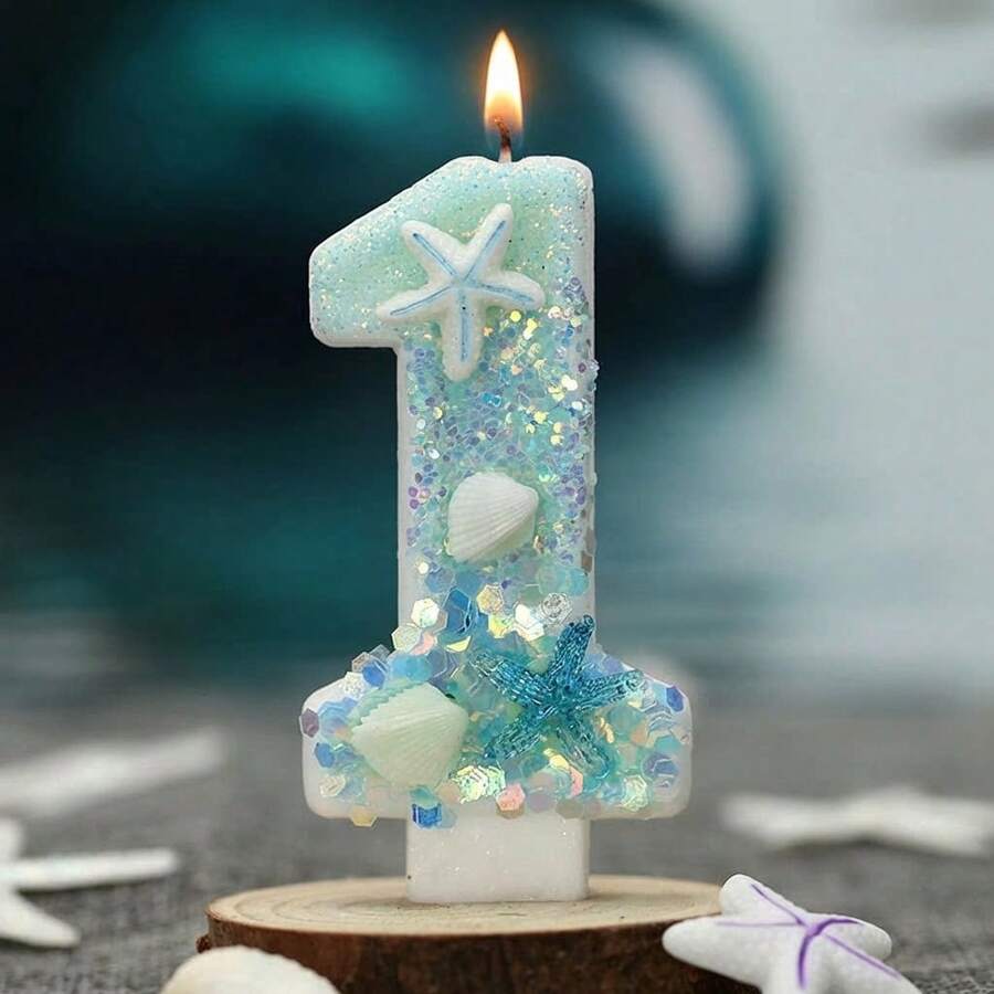 1件海灘主題蠟燭，附海星與貝殼裝飾，0-9數字圖案，亮藍色與白色，適合海灘派對、泳池派對用品、室內裝飾與節日慶祝，海灘派對裝飾 | 海星蠟燭 | 海灘配件