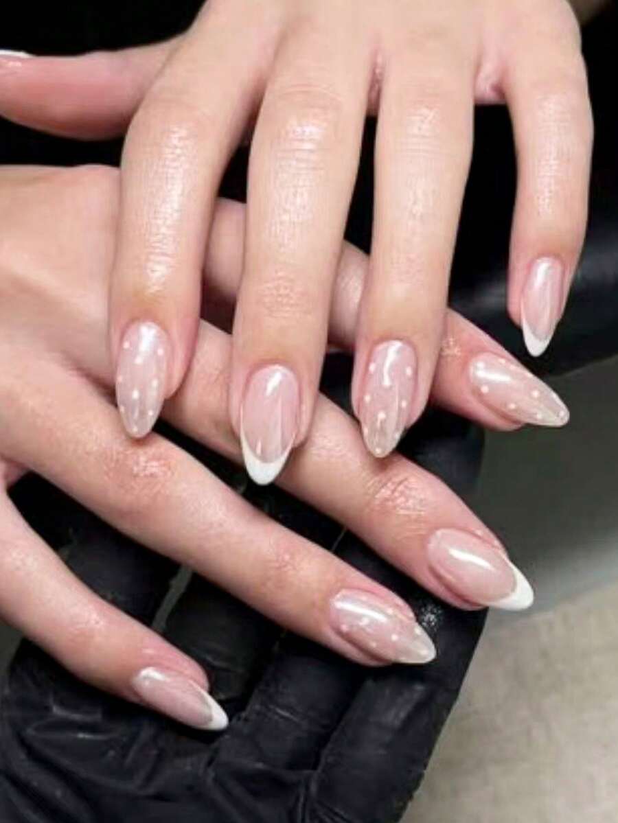 10片手工美甲贴纸，假指甲，美甲贴纸，夏季短款美甲贴纸，亚克力美甲贴纸，美甲贴纸套装，Y2K风格，裸色，白色指甲，猫眼闪粉装饰，白色法式尖角和白色波点图案。风格清新淡雅，适合女士和女孩日常通勤、朋友聚会和约会。 - 藕粉色 - 查看 1