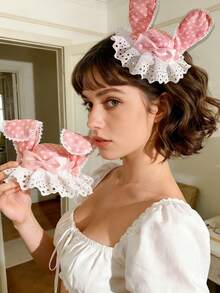 1个粉色兔耳朵蝴蝶结波点发夹，可爱优雅的发饰，生日头饰，拍照道具 - 彩色 - 查看 9