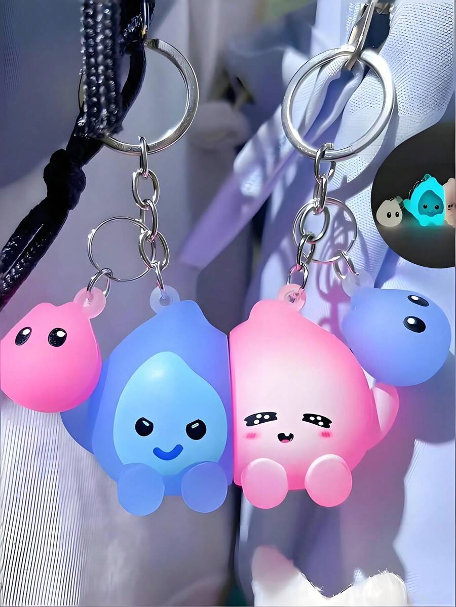 4个可爱磁性小消防员钥匙扣，情侣/家庭钥匙圈，适合圣诞节、感恩节、母亲节、新年、开学季、派对礼物 - 藍粉紅色 - 查看 1