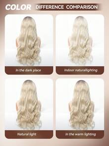 26英寸渐变金色波浪卷蕾丝前假发，耐热合成纤维，适合女性日常佩戴、角色扮演、派对等场合，自然逼真，透气帽设计，长款铂金色波浪假发 - 漸變金色 - 查看 8