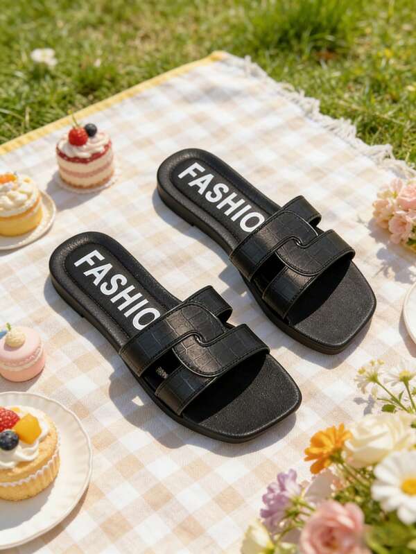 Women's Solid Color Open Toe Flat Sandals, Women's Summer Sandals, New Beach Sandals, Elegant Casual Versatile Women's Flat Slide Sandals, Women's Flat Sandals, Open Toe Sandals, Open Toe Slippers, Black Slippers, Black Sandals