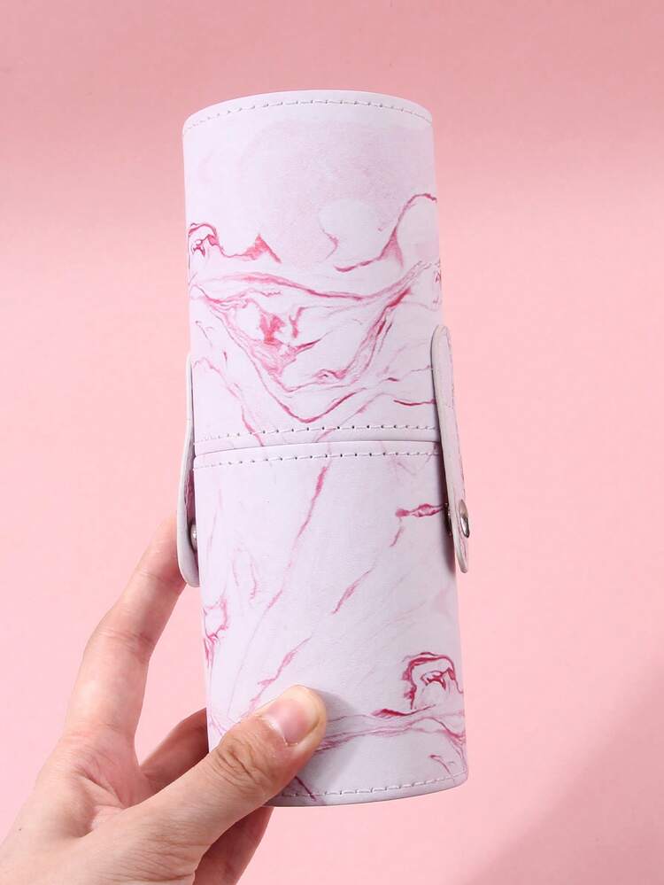 1pc Pink Marble Pattern Makeup Brush Holder, Portable Travel Cosmetic Storage Box, Large Capacity PU Makeup Tool Organizer For Vanity Desk, Carry-On Bag - Baby Pink - View 6