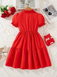 女童休闲日常外出时尚纯色3D蝴蝶结装饰纽扣设计公主袖喇叭下摆翻领及膝休闲连衣裙，配挂袋，春夏款 - 紅色 - 查看 2