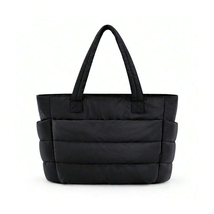 Large Women's Padded Puffer Bag, Quilted, Lightweight, Casual, Everyday Shoulder Bag - Black - View 1