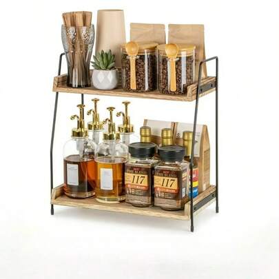 Organizador de barra de café de escritorio, estantería de almacenamiento de madera de doble capa, adecuado para accesorios de barra de café, almacenamiento de especias, se puede usar en la cocina, el hogar, la oficina - marrón, utensilios de almacenamiento de cocina, decoración de habitaciones, adecuado para la cocina, el comedor, fiestas, campamentos, reuniones, regalos para amigos, regalos para la familia