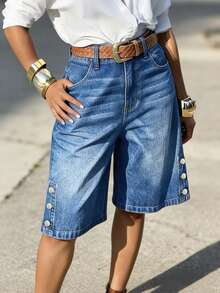 High Waist Wide Leg Denim Bermuda Shorts With Side Button Detail - Casual Summer Knee Length Denim Shorts - Medium Wash - View 3