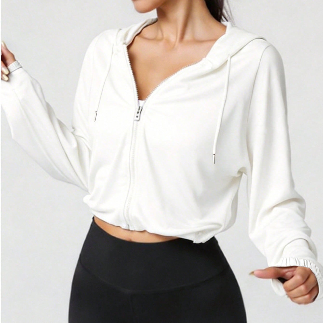 Chaqueta deportiva de mujer para otoño/invierno, cortavientos con capucha con cordón negro, adecuada para ejercicio al aire libre, gimnasio, correr,