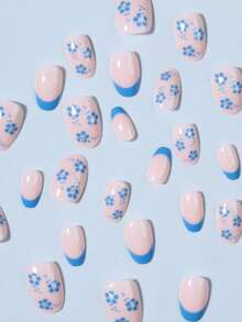 Bộ 24 miếng dán móng tay hình bầu dục ngắn, họa tiết hoa lấp lánh màu xanh dương, kèm 1 lọ sơn gel và 1 dũa móng, phù hợp cho nữ và bé gái sử dụng hàng ngày, đi làm, đi học và dự tiệc để tôn lên phong cách thời trang của bạn! - Màu xanh lam - Xem 2