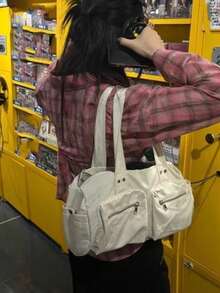 韩版时尚多功能多口袋大容量尼龙腋下单肩包，旅行收纳包，休闲通勤户外日常购物单肩包（女士款） - 白色 - 查看 5