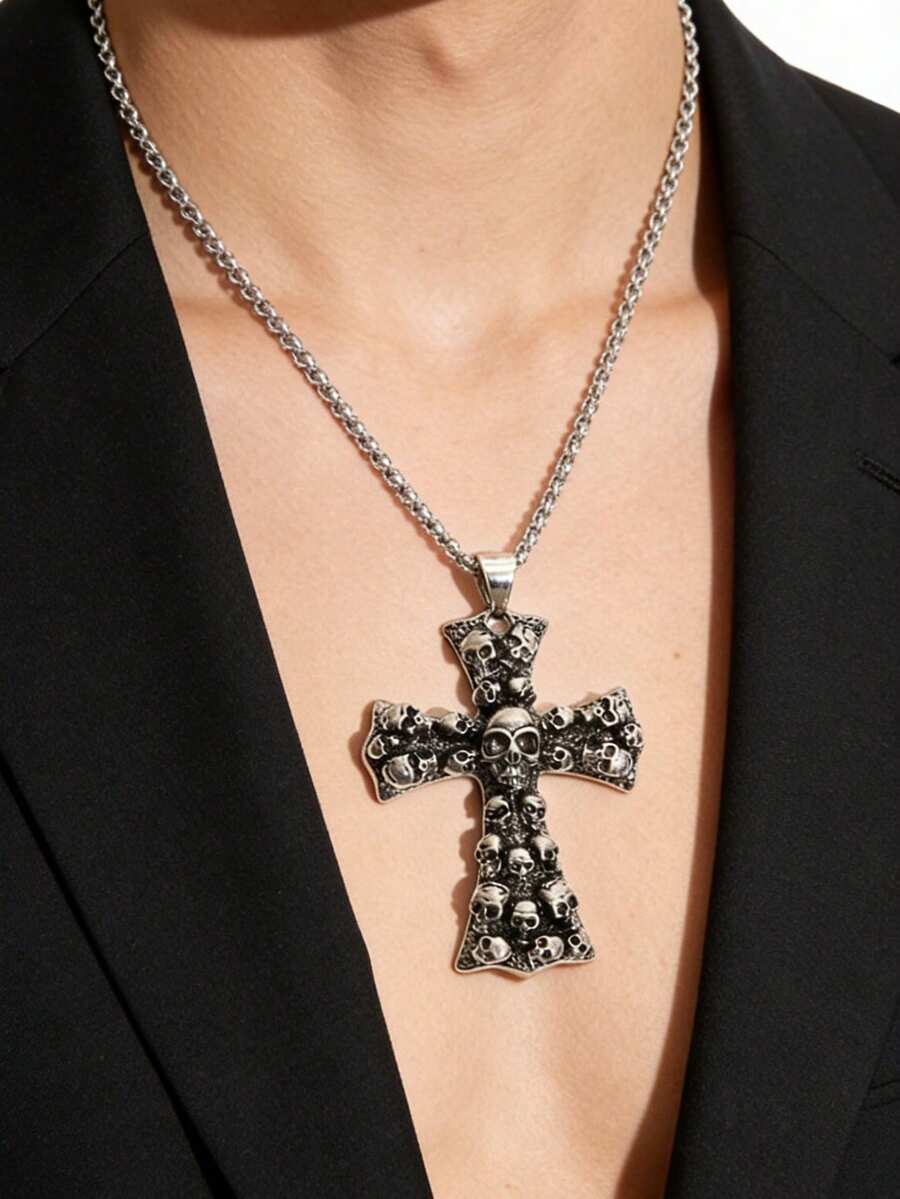 Men's Fashion Exaggerated Dark Millennium Luxury Elegant Skull Cross Pendant Necklace, Versatile - Silver - View 1