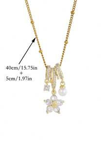 1件精致甜美优雅可爱时尚镶嵌白色立方氧化锆花朵和仿珍珠吊坠不锈钢项链锁骨链，适合女性夏季日常佩戴，生日礼物 - 白色 - 查看 5