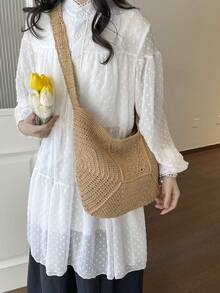 1件简约纯色天然棉手工钩编新月形包，祖母拼布设计，肩背/腋下两用，拉链封口，波西米亚风，编织手提包，海滩度假，法式休闲时尚，编织腋下包，春夏度假，复古艺术风，通勤外出 - 卡其色 - 查看 4