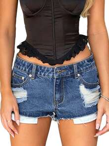 Women's Slim Ripped Shorts Mid Rise Distressed Jean Shorts Frayed Hem Summer Bottoms - Blue - View 6