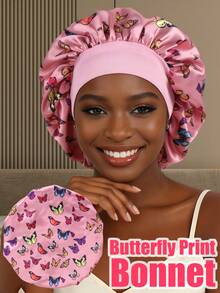 1 PC Hair Bonnet Printed Buttry Satin Night Caps Elastic Wide Brim Large Size Casual Sleeping Caps Double Ruffle Bonnet Hat Reversible Travel Essentials For Hair Care Curly Straight Bonnet,Summer,Beach - A - View 10