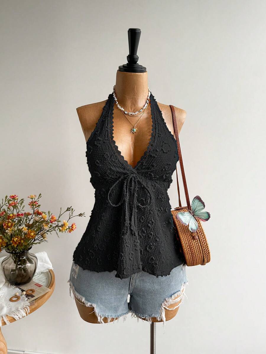 Rusttydustty 女士休闲度假波西米亚风露背吊带上衣（黑色） - 黑色 - 查看 1