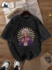 T-shirt à manches courtes imprimé graphique pour femmes grandes tailles, polyvalent pour le port quotidien et les vacances - Noir - Voir 2