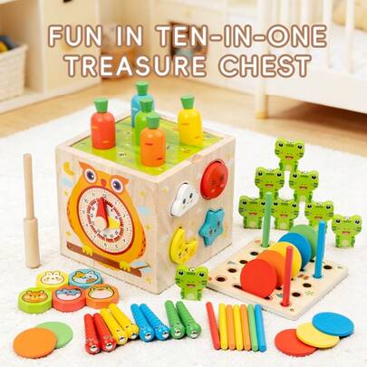 10合1木制拉绳拼图玩具车、形状分类积木、早教动物和颜色认知玩具