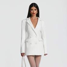 Women's Elegant Business Suit Dress, Deep V Neck Long Sleeve Ruffle Waist Cinched, Spring & Fall Office Wear, Plain Style - 白色 - 查看 1