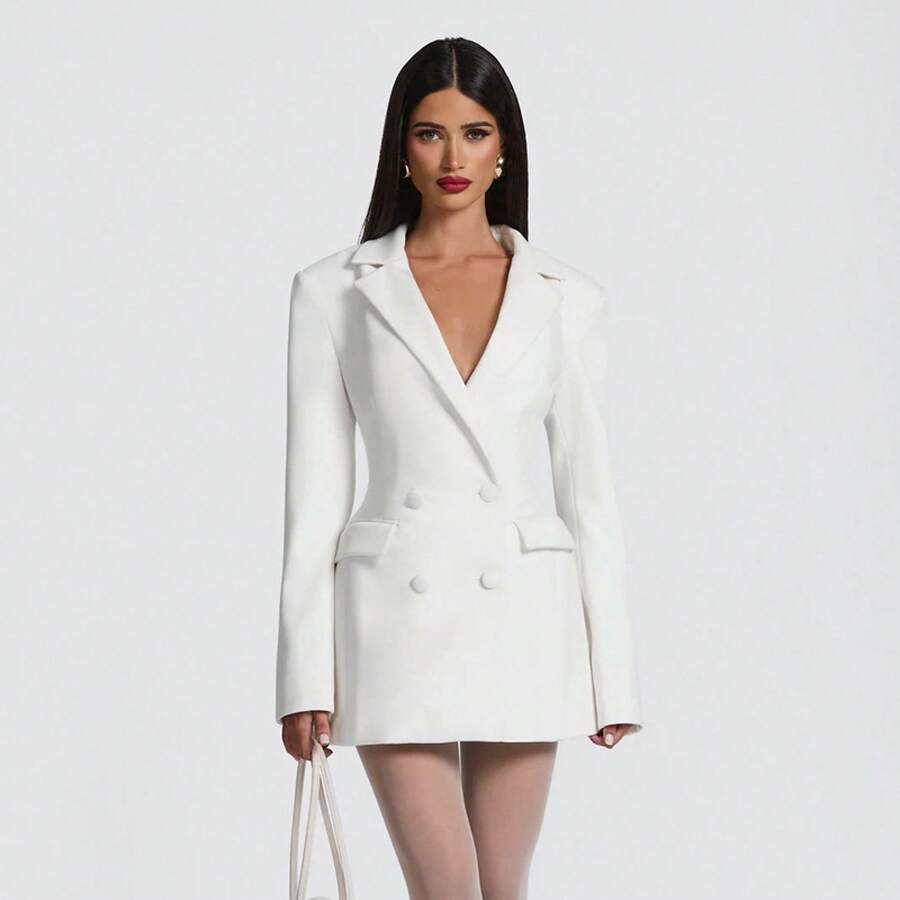 Women's Elegant Business Suit Dress, Deep V Neck Long Sleeve Ruffle Waist Cinched, Spring & Fall Office Wear, Plain Style - 白色 - 查看 1