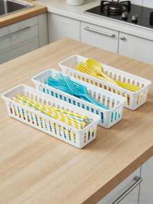 3pcs Plastic Narrow Drawer Storage Baskets, Suitable For Kitchen Drawers, Office Desks And Bathroom Drawers - Multicolor - View 3