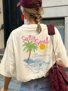 SALTY SOUL 女士春夏新款椰树阳光印花休闲圆领短袖T恤，时尚百搭，日常及度假必备单品 - 杏色 - 查看 2