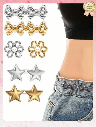 Set de 3 piezas Ajustador de cintura con diseños de flor, lazo y estrella para mujeres, hebilla para pantalones sueltos, cinturón ajustable de cintura, sin necesidad de coser ni herramientas, hebilla decorativa extraíble, fácil de usar y quitar, resistente al desgaste, antioxidante, duradero, adecuado para pantalones y faldas sueltos