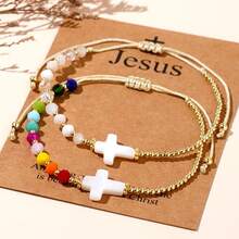 1 pieza Colgante de cruz minimalista y personalizado de estilo casual, pulsera con cuentas metálicas y de colores, edición limitada de Pascua, pulsera ajustable con cordón, accesorio versátil para el día a día, regalo para familiares y amigos - JS-B23070105 - Ver 14
