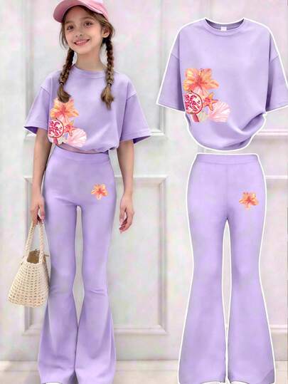 Bộ đồ gồm áo thun ngắn tay và quần ống loe in hình phong cách nhiệt đới và thực phẩm vẽ màu nước, kiểu dáng thể thao rộng rãi, thoải mái dành cho nữ sinh tuổi teen, món quà mùa hè hoàn hảo cho trường học và các hoạt động ngoài trời, thích hợp cho mùa xuân/hè.