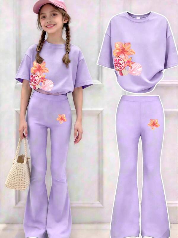 Bộ đồ gồm áo thun ngắn tay và quần ống loe in hình phong cách nhiệt đới và thực phẩm vẽ màu nước, kiểu dáng thể thao rộng rãi, thoải mái dành cho nữ sinh tuổi teen, món quà mùa hè hoàn hảo cho trường học và các hoạt động ngoài trời, thích hợp cho mùa xuân/hè.