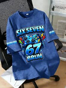 1pc Boys' Casual Cartoon Game Console "67" Graphic Round Neck Short Sleeve T-Shirt, New Summer Collection - Blue - View 1
