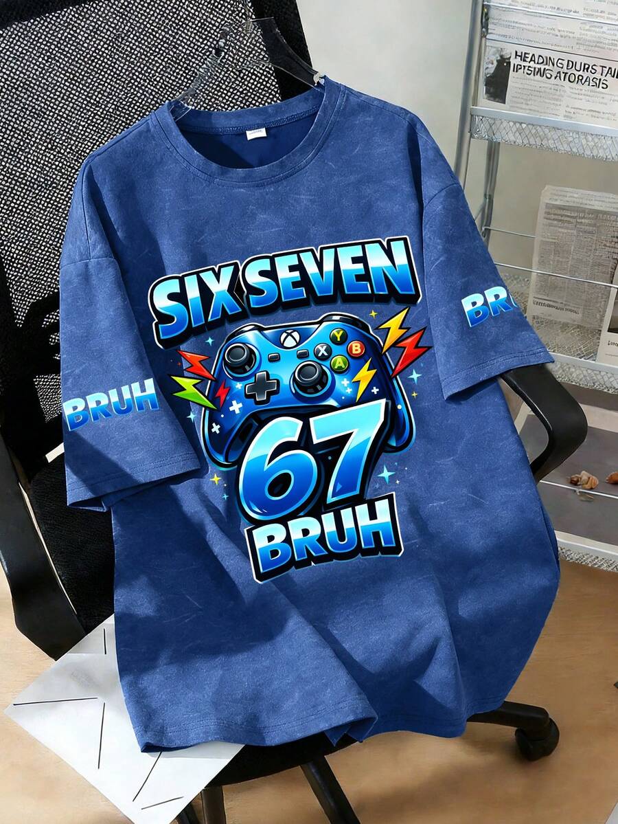 1pc Boys' Casual Cartoon Game Console "67" Graphic Round Neck Short Sleeve T-Shirt, New Summer Collection - Blue - View 1