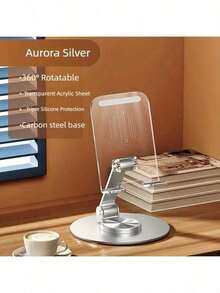 可折叠透明铝合金亚克力手机支架，360°旋转，稳固桌面支架，通用手机支架 - 銀色 - 查看 5